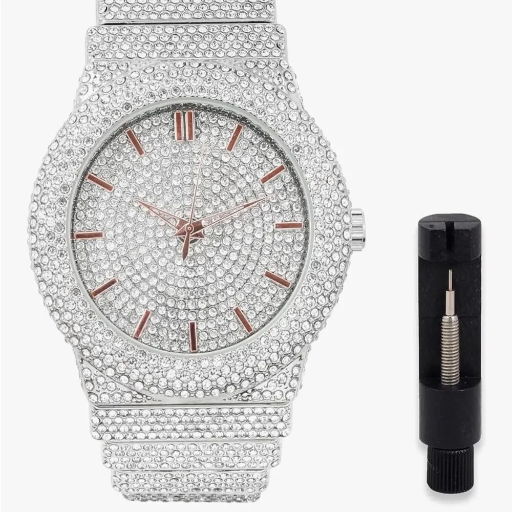 Iced Out Bust Down Watch Simulated Diamond Hip Hop Bling Rose Silver Wristwatch